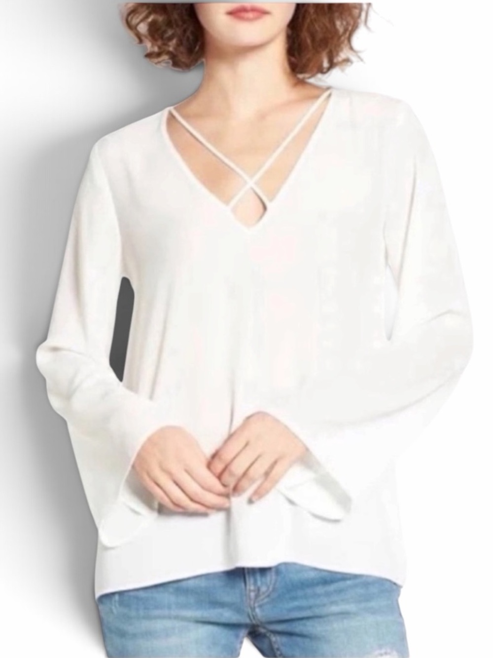 Lush Ivory V-Neck Long Sleeve Blouse Size Small